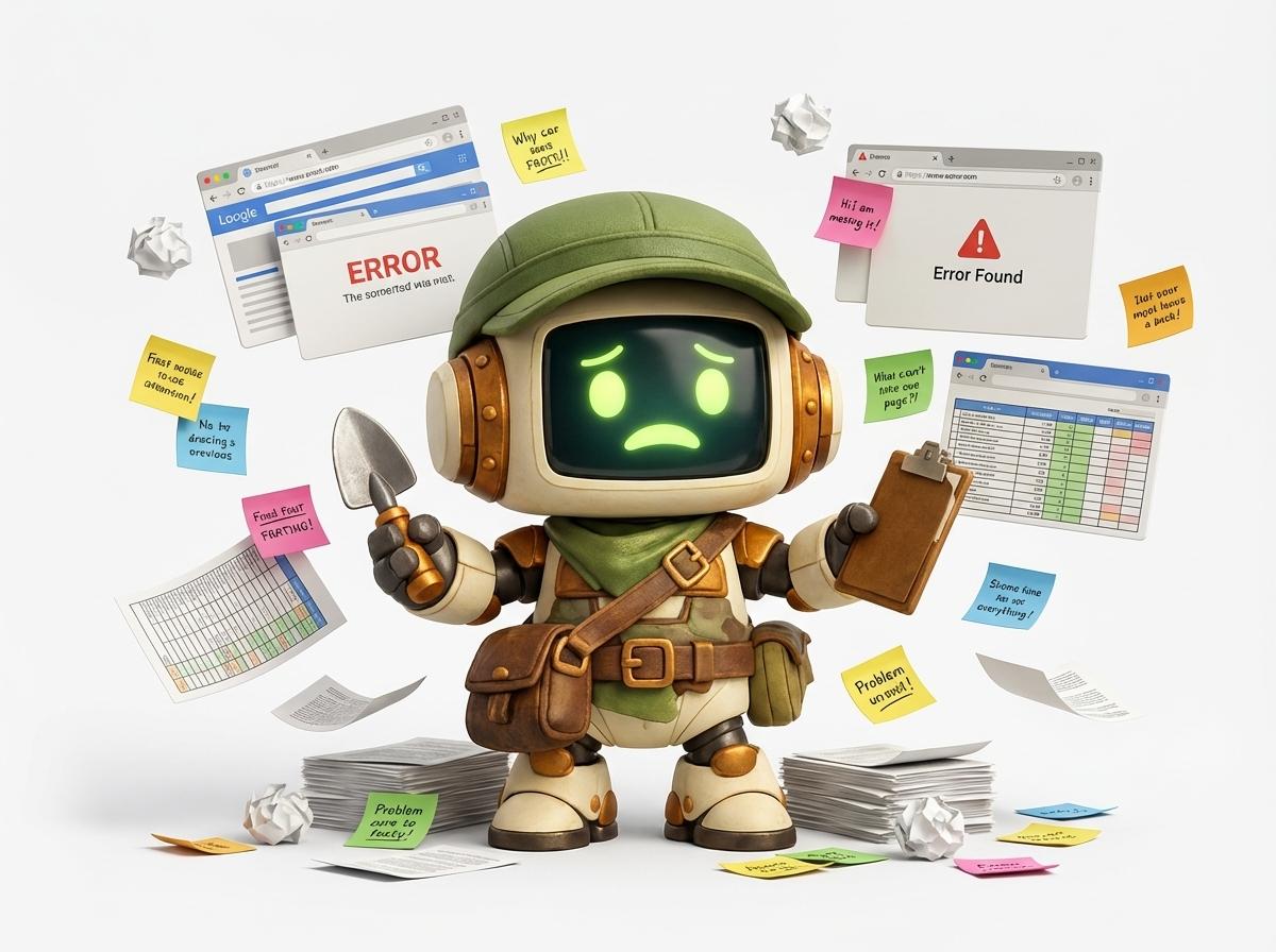 Sam surrounded by browser windows, sticky notes, and messy spreadsheets